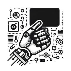 Icon design of a robotic hand holding a black card that floats in the air isolated on a white background

