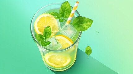 Refreshing glass of lemonade with mint leaves and ice cubes on a green background. Perfect summer beverage or drink for hot days.