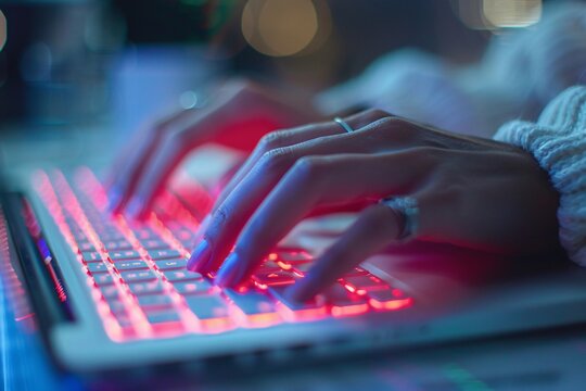 Close-up of hands typing on a laptop with stock market graphs on the screen, editorial office background, Magazine Photography Style
