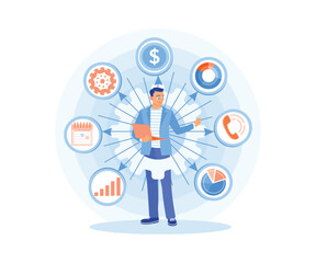 Entrepreneurs improve business strategies. Analyzing business data using a laptop. Business Intelligence concept. Flat vector illustration.