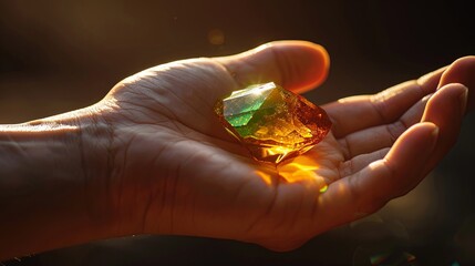 CBG Gummies: Hand Holding Orange and Green Diamond - A person's hand showcasing vibrant CBD gummies in a luminous display.