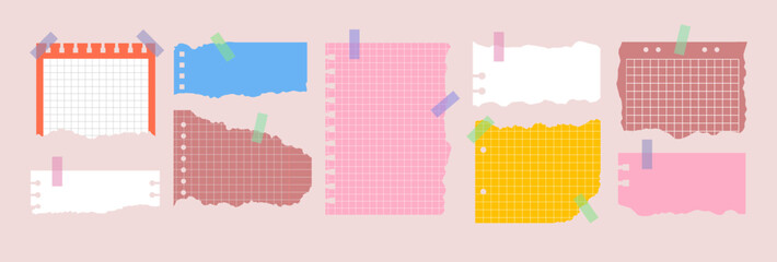 Set of various Torn Notebook Sheet. Colorful ripped paper notes, stickers, sticky sheets and tape. Vector illustration in flat style. Trendy elements for collage.