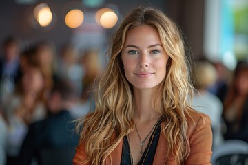 Female CEO giving a motivational speech at a corporate event, powerful and inspiring, Editorial Photography style