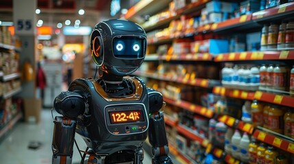 The robotâ€™s chest display shows real-time inventory updates, seamlessly connected to the storeâ€™s central database, ensuring stock levels are accurately monitored and maintained. safety first for