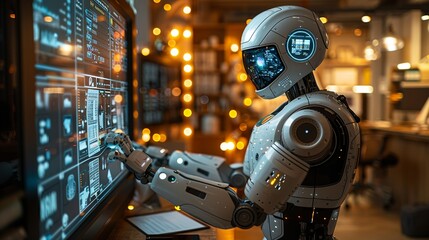 In the office setting, the robot interacts with a holographic display, sorting through digital files and documents, demonstrating its capabilities in data organization and analysis. safety first for