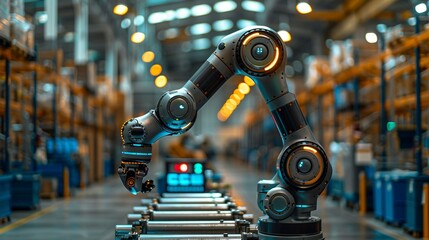 Fototapeta premium The ambient lighting in the warehouse creates a high-tech atmosphere, with the robotâ€™s metallic body reflecting the light, emphasizing its futuristic design and functionality. safety first for