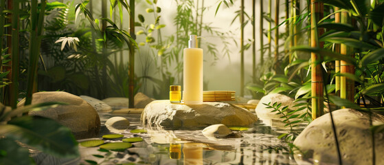 zen spa beauty products bottle in atmosphere of lush greenery, smooth river rocks, bamboo mats with morning sunlight with an atmosphere of peace and tranquility created with Generative AI Technology - Powered by Adobe