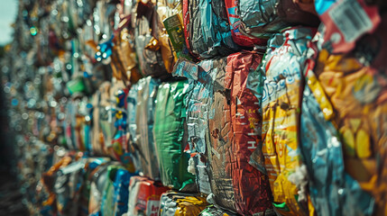 A pile of trash is stacked in a warehouse. The trash is made up of various colored plastic bags, including green, red, and yellow. Concept of waste and pollution