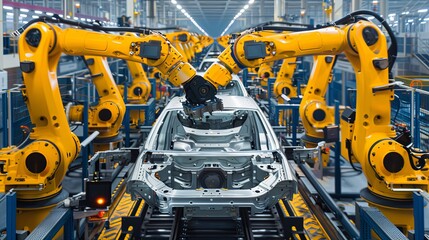 Component Installation and Quality Control of Body Car Assembly. Fully Automated Car Assembly Line Equipped with High Precision Robot Arms at Car Factory