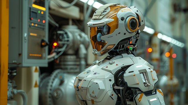 The humanoid robot, clad in a heavy-duty protective suit, stands in front of a nuclear reactor, its sensors actively monitoring radiation levels to ensure the safety of the facility. AI Technology