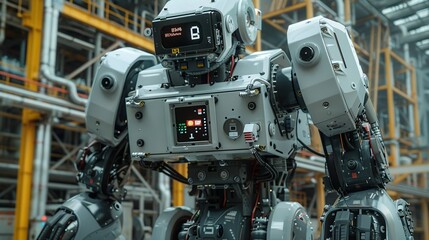 Fototapeta premium A close-up shot reveals the robotâ€™s sophisticated sensor array, capable of detecting toxic gases and other dangerous substances, ensuring it can operate safely in chemical plants. AI Technology and