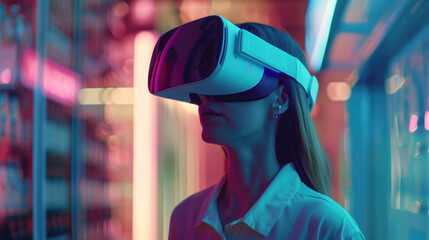close-up beautiful female woman face model wearing vr virtual reality headset goggles and experiencing future technology immersive content