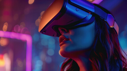 close-up beautiful female woman face model wearing vr virtual reality headset goggles and experiencing future technology immersive content created with Generative AI Technology