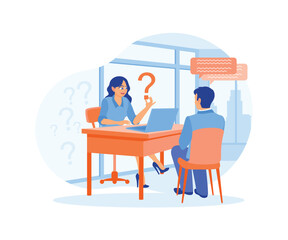 The male candidate has a job interview with the HR head. Man answers woman's question. Job interview concept. Flat vector illustration.