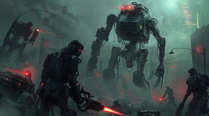 Valiant Resistance Fighters Planning Strategically Against Formidable Robots in a Gritty