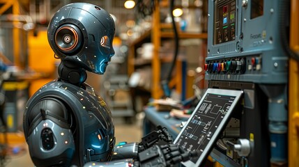 Fototapeta premium The robot consults a digital tablet displaying complex schematics and safety protocols, demonstrating its integration with advanced digital tools for enhanced operational effectiveness. AI Technology