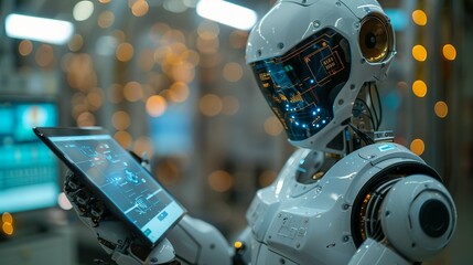 The robot consults a digital tablet displaying complex schematics and safety protocols, demonstrating its integration with advanced digital tools for enhanced operational effectiveness. AI Technology