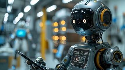 Fototapeta premium The robot consults a digital tablet displaying complex schematics and safety protocols, demonstrating its integration with advanced digital tools for enhanced operational effectiveness. AI Technology