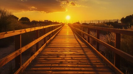 A golden sunset illuminating a peaceful wooden boardwalk in Ciudad Real, the light creating long shadows and a peaceful path leading towards the horizon.