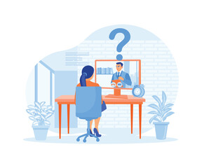 Woman talking to HR leader via computer. Online job interviews. Job interview concept. Flat vector illustration.