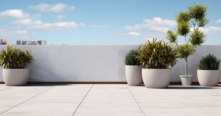 Empty outdoor roof terrace with potted plants. Generative AI