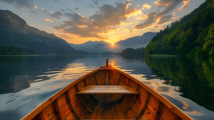 A boat is floating on a lake with a beautiful sunset in the background. The sky is filled with clouds, and the sun is setting behind the mountains. The scene is peaceful and serene - Powered by Adobe
