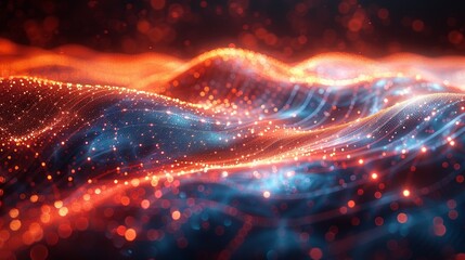 Fototapeta premium A vibrant, abstract representation of quantum entanglement, with interconnected particles and waves of energy linking distant points in a dark, infinite space. AI Technology and Industrial works