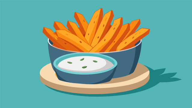 Baked sweet potato fries served with a tangy Greek yogurt dip a healthier alternative to regular potato chips.. Vector illustration