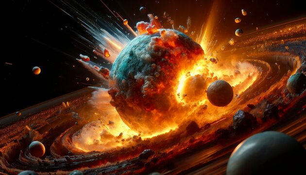Close-up simulation of the early solar system, proto-planet collisions shaping planetary bodies, vivid detail.
