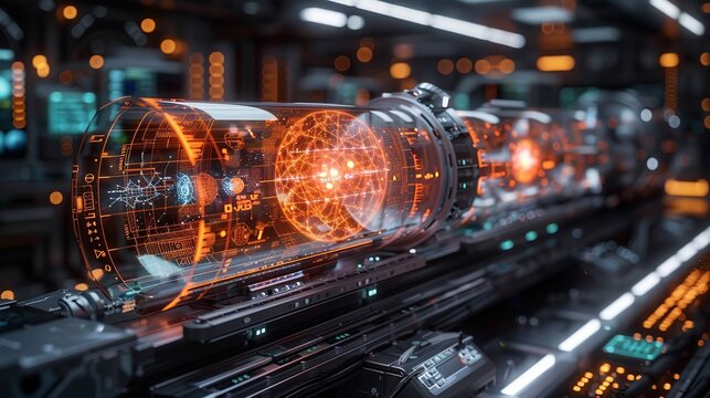A cross-sectional view of a futuristic quantum lab, with scientists observing holographic displays of atomic and subatomic particles in action. AI Technology and Industrial works concept,