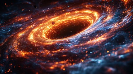 A stylized image of a black hole, with particles spiraling into its event horizon, illustrating the interplay between quantum mechanics and general relativity. AI Technology and Industrial works