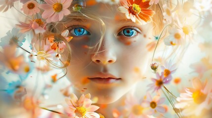 Double exposure of a childs face blending with colorful petals, capturing innocence and the essence of springtime