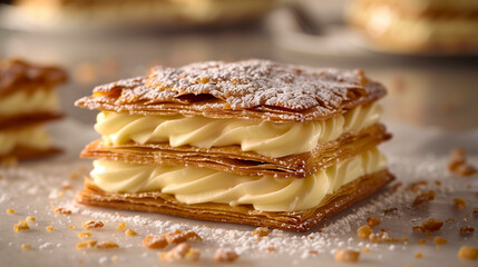 Mille-Feuille with layers of pastry and cream, delicate and flaky.