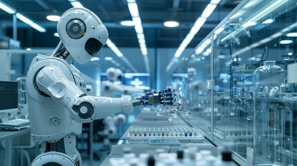 A high-tech lab with robotic arms and advanced machinery manipulating atomic structures, highlighting the intersection of robotics and quantum mechanics. AI Technology and Industrial works concept,