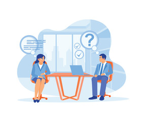 Manager reading job seeker documents on the laptop. Manager having a job interview in an office. Job interview concept. Flat vector illustration.