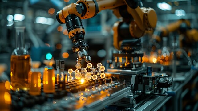 A high-tech lab with robotic arms and advanced machinery manipulating atomic structures, highlighting the intersection of robotics and quantum mechanics. AI Technology and Industrial works concept,