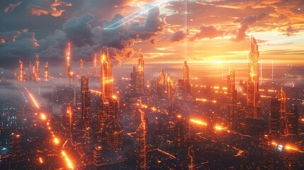 A futuristic city powered by quantum energy, with glowing towers and energy beams, illustrating the potential of quantum physics in urban development. AI Technology and Industrial works concept,