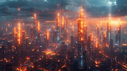 Fototapeta premium A futuristic city powered by quantum energy, with glowing towers and energy beams, illustrating the potential of quantum physics in urban development. AI Technology and Industrial works concept,