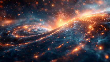 An ethereal depiction of quantum fields, with particles appearing and disappearing, overlaid on a background of swirling cosmic dust and light. AI Technology and Industrial works concept,