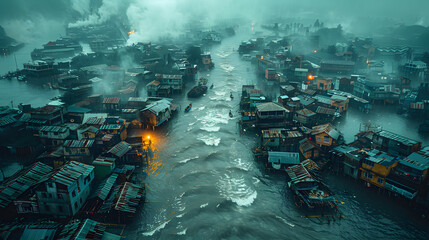 The ruins of an abandoned town submerged in floodwater portray the global impact of natural disasters and climate crisis. Climate mitigation and adaptation strategies.
