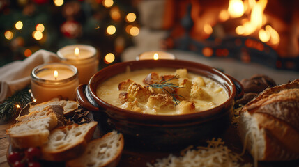 Fondue Savoyarde melted cheese with crusty bread,