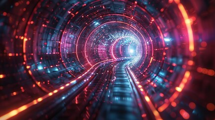 Fototapeta premium A depiction of quantum teleportation, with particles and information transferring instantaneously across space, set against a futuristic, high-tech backdrop. AI Technology and Industrial works