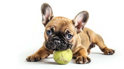 Adorable French Bulldog puppy lying down with a tennis ball, isolated on a white background. Perfect for pet lovers and cute animal enthusiasts.