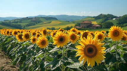 A field of sunflowers in full bloom, their large, golden heads turned towards the sun, with a clear blue sky and rolling hills in the distance, creating a serene natural landscape.