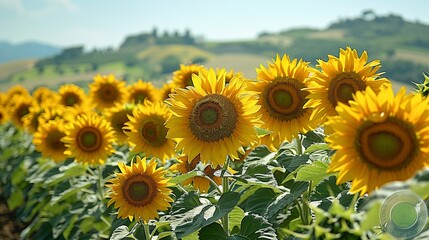 A field of sunflowers in full bloom, their large, golden heads turned towards the sun, with a clear blue sky and rolling hills in the distance, creating a serene natural landscape.