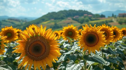 A field of sunflowers in full bloom, their large, golden heads turned towards the sun, with a clear blue sky and rolling hills in the distance, creating a serene natural landscape.