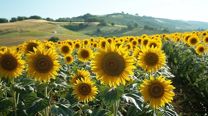 A field of sunflowers in full bloom, their large, golden heads turned towards the sun, with a clear blue sky and rolling hills in the distance, creating a serene natural landscape. - Powered by Adobe