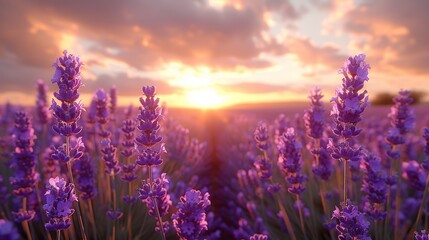Obraz premium A meadow filled with lavender, the purple flowers stretching as far as the eye can see, with a soft focus on the blooms and a warm, golden sunset in the background.
