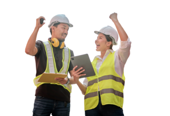 Two Asian engineer raise their hands up cheering for their victory, mission complete , smile on transparent background