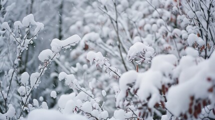 Forest plants were blanketed by a thick layer of white snow